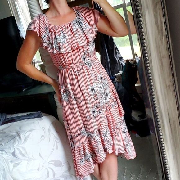 Before You Dresses & Skirts - Before You Ruffled Striped Floral High Low Dress